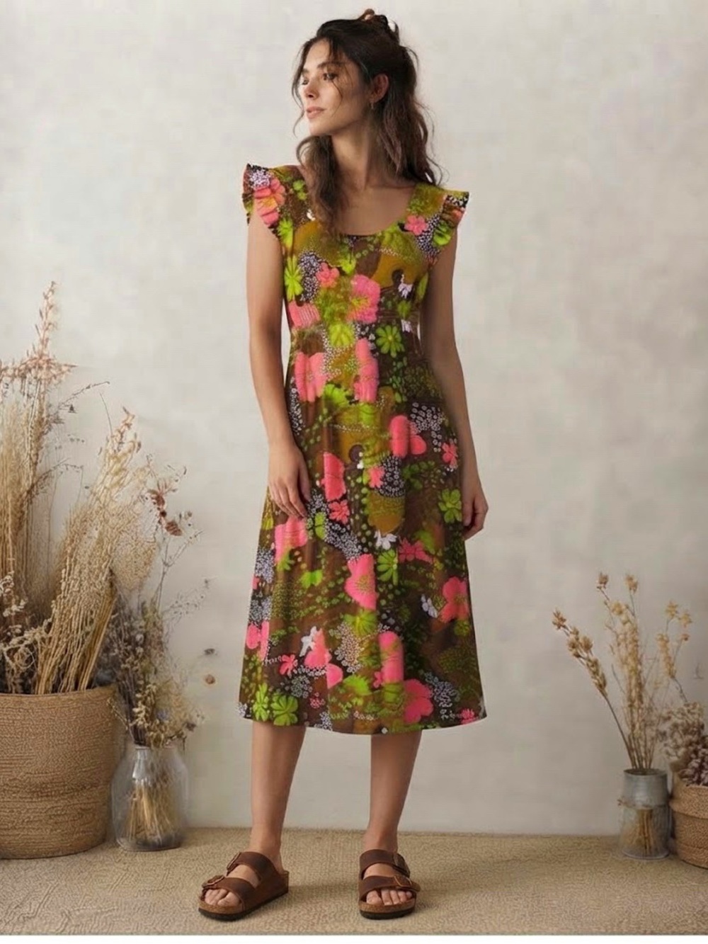 Vintage 70s Hukilau Fashion Honolulu Hawaiian Floral Midi Dress Size 14 Retro